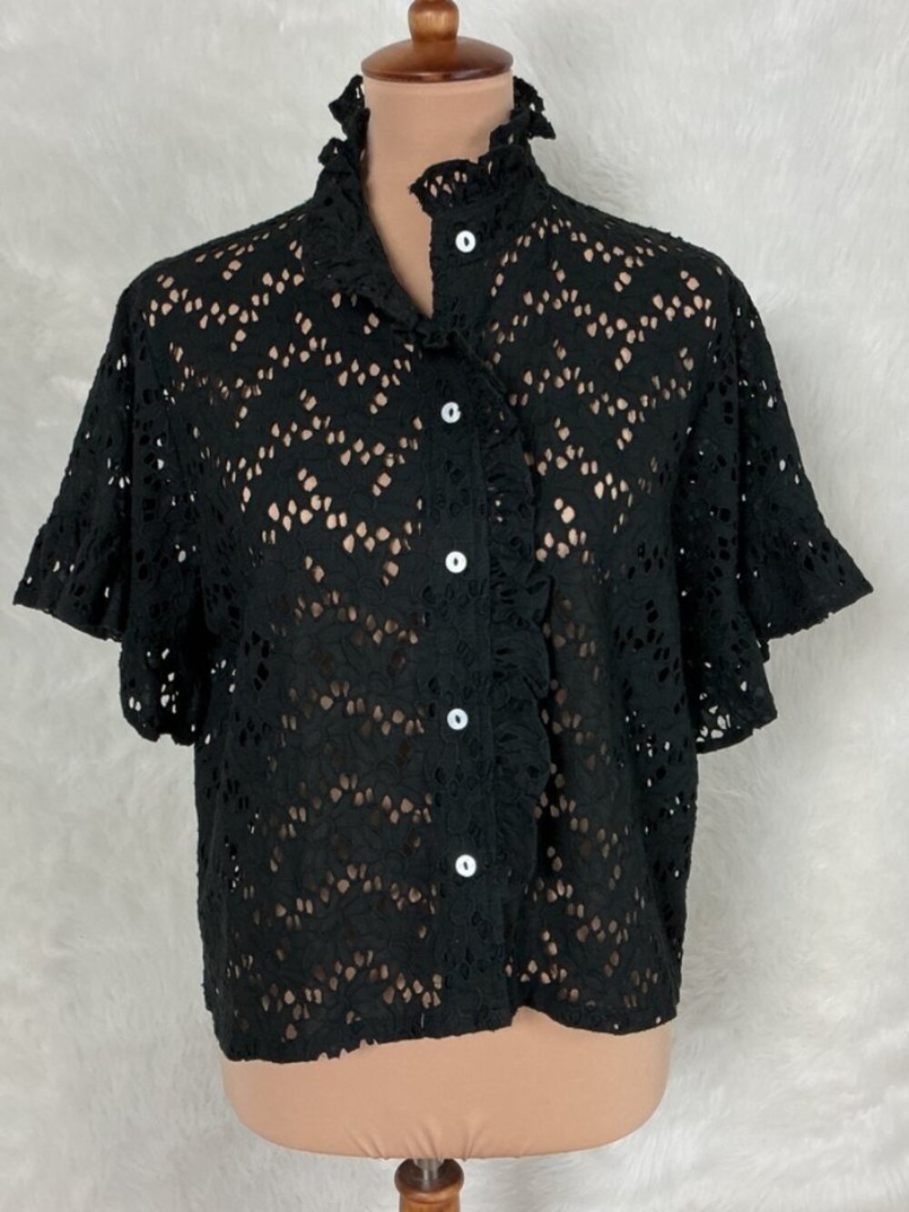 Mille Vanessa Black Cotton Floral Lace Short Sleeve Ruffle Blouse XL